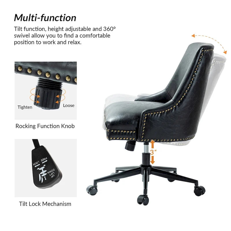 Height-Adjustable Faux Leather Swivel Task Chair with Nailhead Trim
