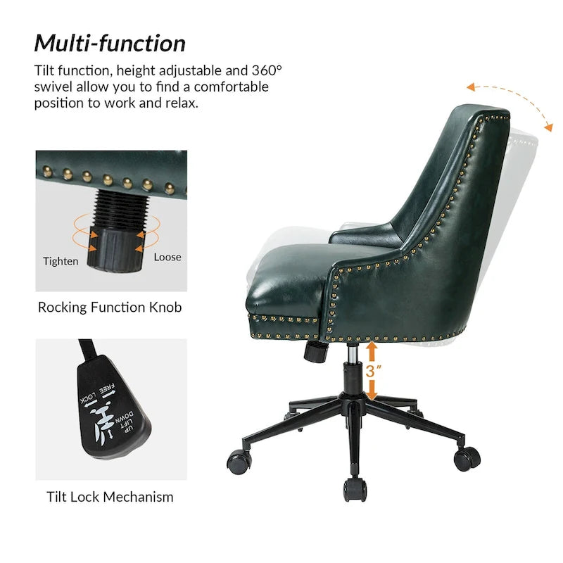 Height-Adjustable Faux Leather Swivel Task Chair with Nailhead Trim
