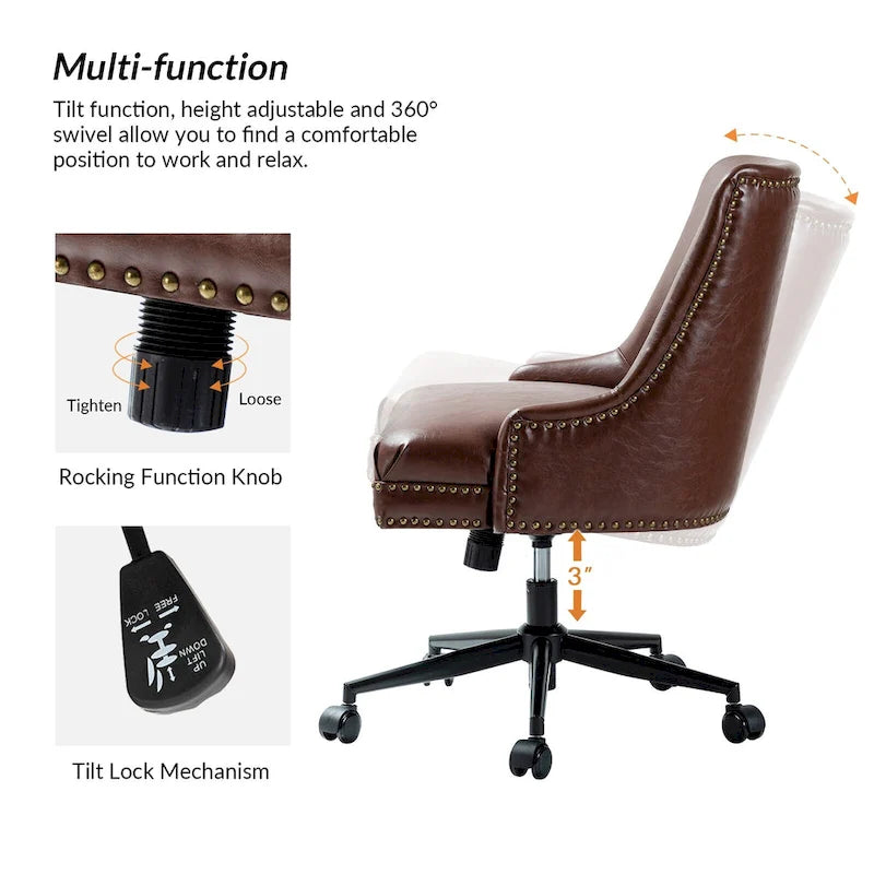 Height-Adjustable Faux Leather Swivel Task Chair with Nailhead Trim
