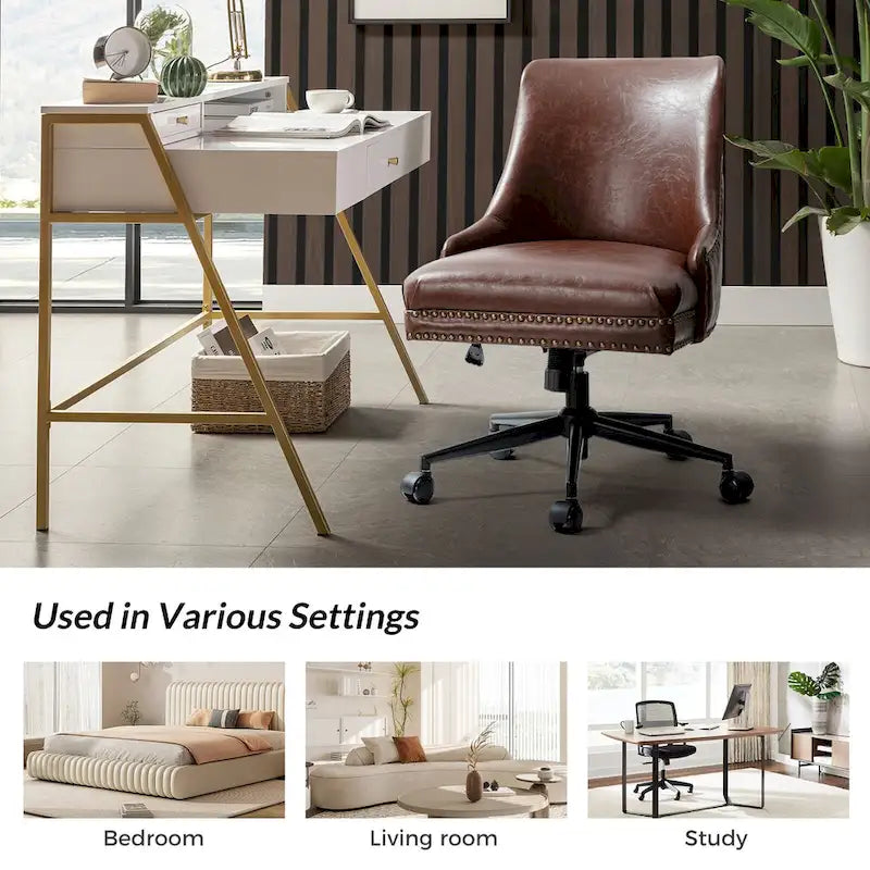 Height-Adjustable Faux Leather Swivel Task Chair with Nailhead Trim