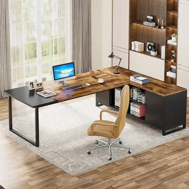 70.8-Inch L-Shaped Executive Desk with 55-Inch Storage Cabinet