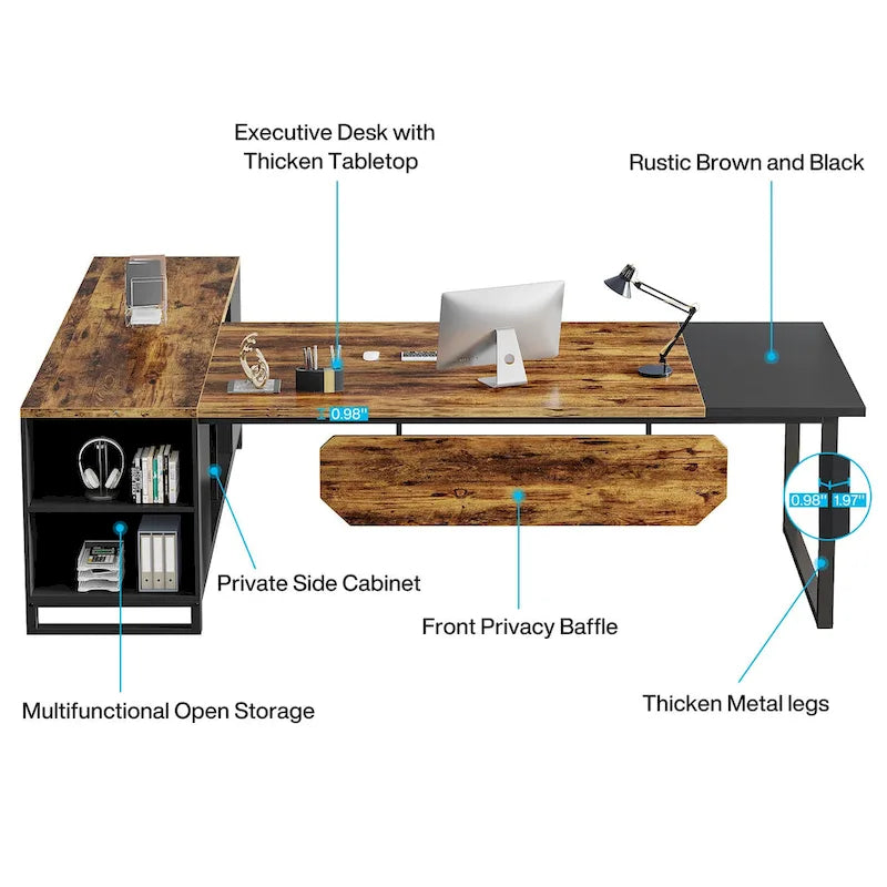 70.8-Inch L-Shaped Executive Desk with 55-Inch Storage Cabinet