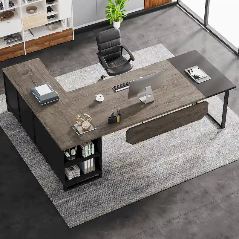 70.8-Inch L-Shaped Executive Desk with 55-Inch Storage Cabinet