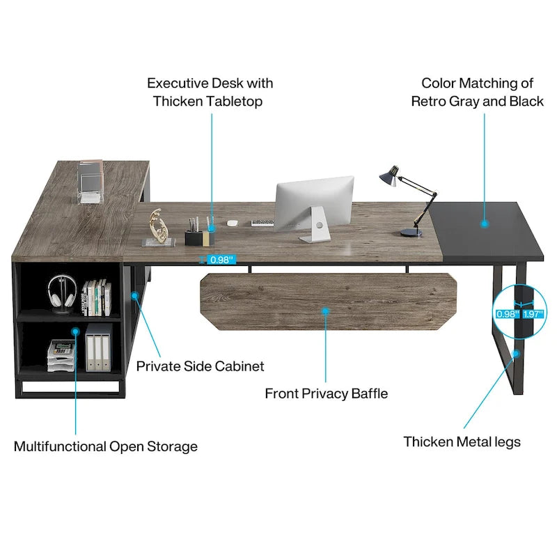 70.8-Inch L-Shaped Executive Desk with 55-Inch Storage Cabinet