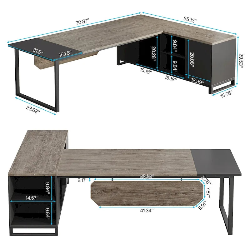 70.8-Inch L-Shaped Executive Desk with 55-Inch Storage Cabinet