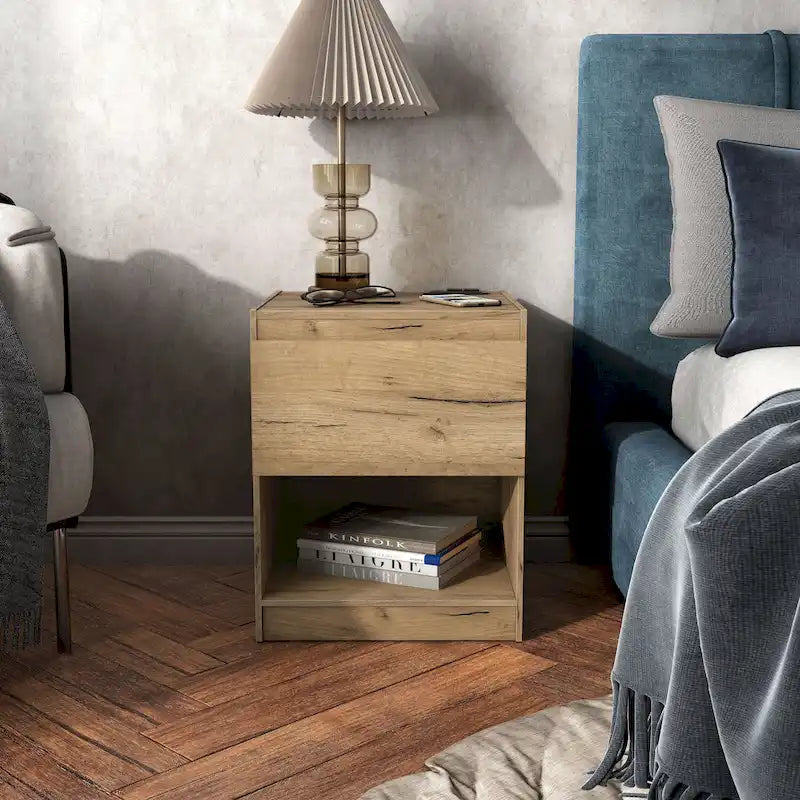 Rustic Light Oak Nightstand with Charging Station, Drawer and Shelf