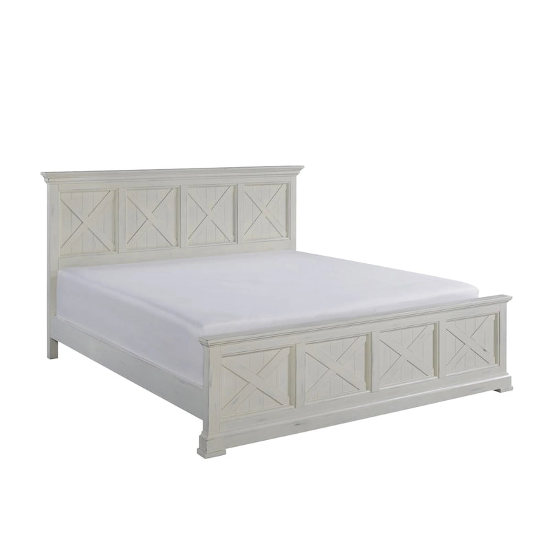 Off-White King Bed Frame with Wood Slats and X-Panel Design
