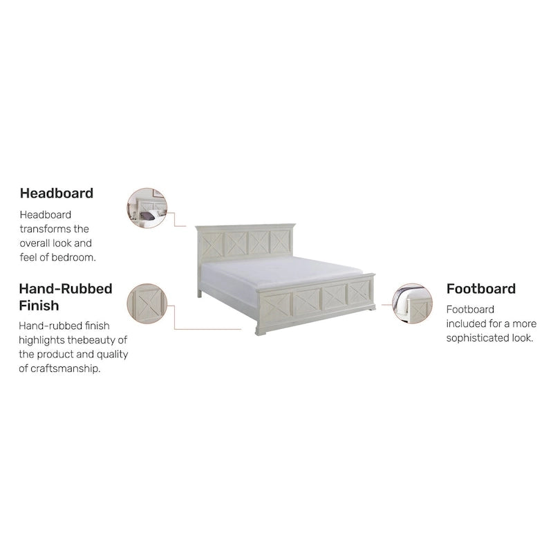 Off-White King Bed Frame with Wood Slats and X-Panel Design