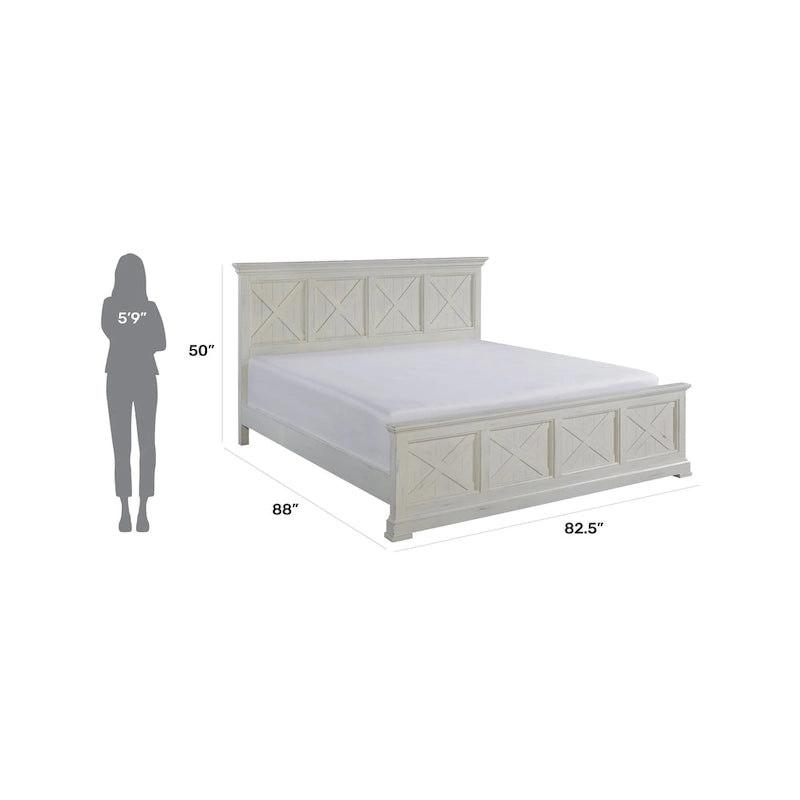 Off-White King Bed Frame with Wood Slats and X-Panel Design