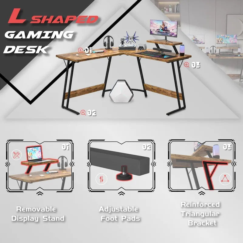 L-Shaped Gaming Desk with Removable Monitor Stand
