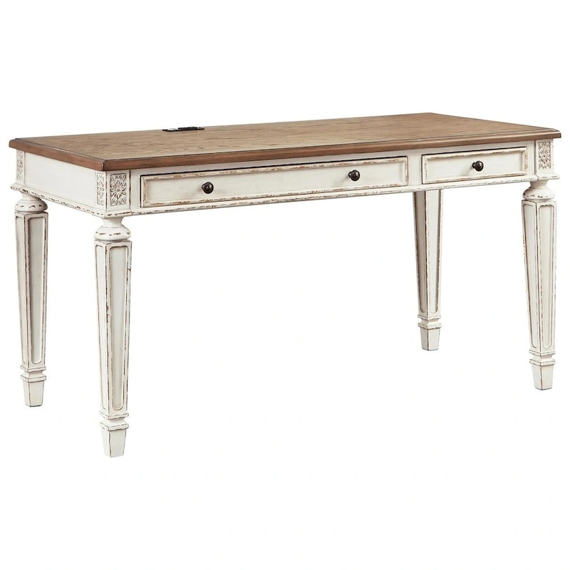60-Inch Ivory and Brown Office Desk with Power and USB Ports