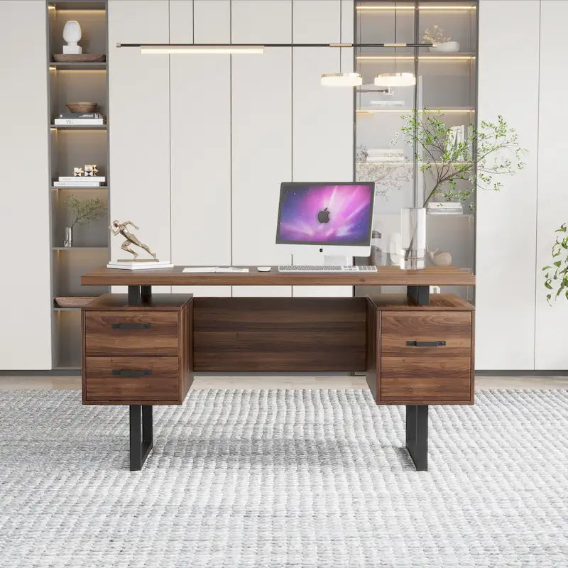 Walnut-Look Office Desk with File Drawer and Two Storage Drawers