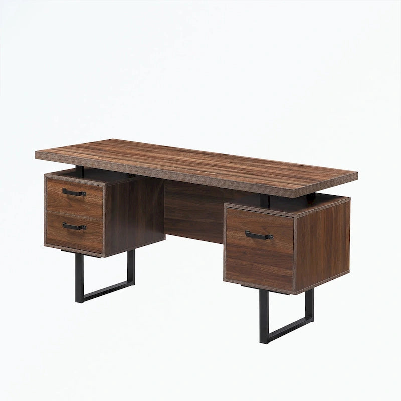 Walnut-Look Office Desk with File Drawer and Two Storage Drawers