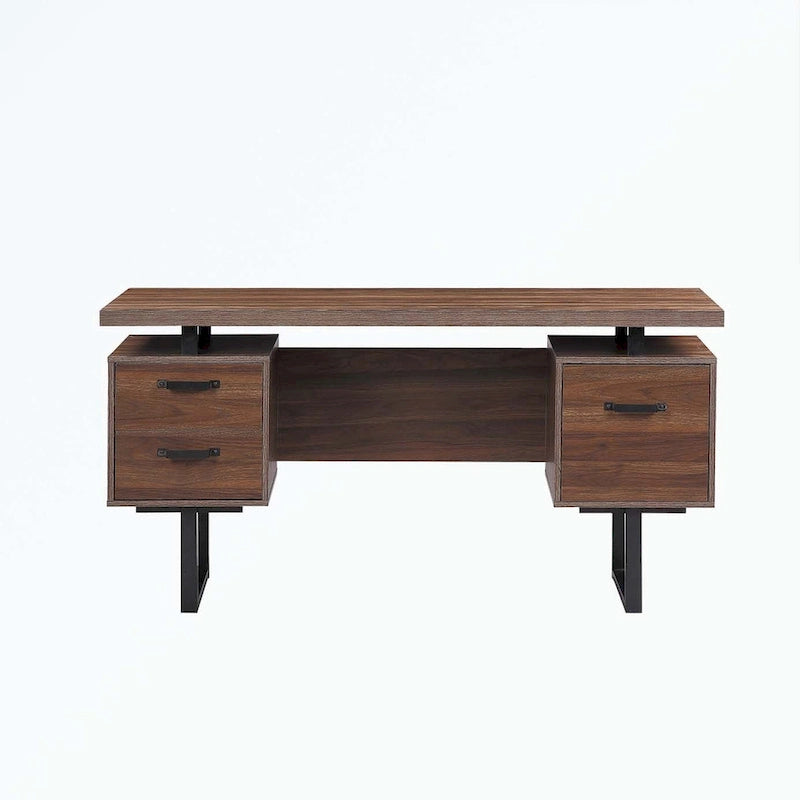 Walnut-Look Office Desk with File Drawer and Two Storage Drawers