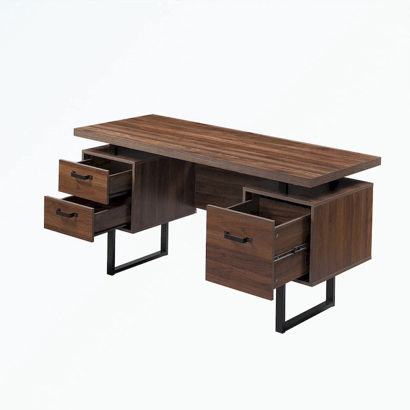 Walnut-Look Office Desk with File Drawer and Two Storage Drawers