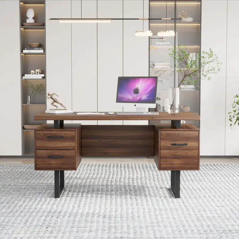 Walnut-Look Office Desk with File Drawer and Two Storage Drawers