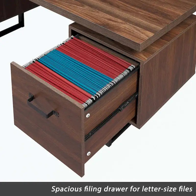 Walnut-Look Office Desk with File Drawer and Two Storage Drawers