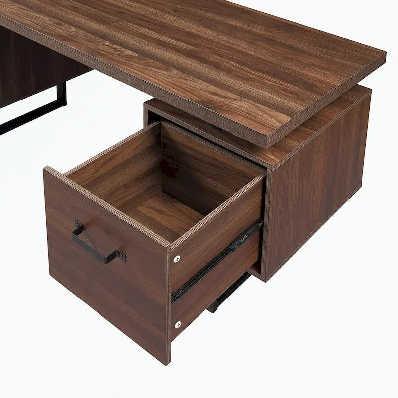 Walnut-Look Office Desk with File Drawer and Two Storage Drawers