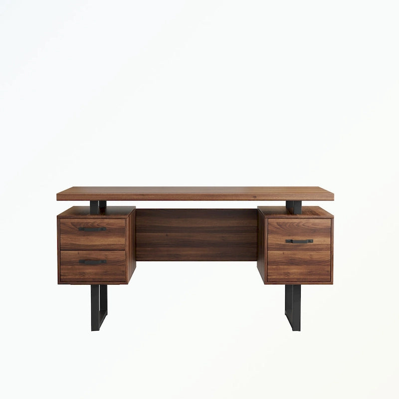 Walnut-Look Office Desk with File Drawer and Two Storage Drawers