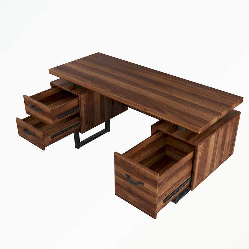Walnut-Look Office Desk with File Drawer and Two Storage Drawers