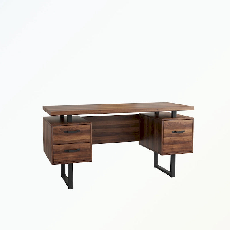 Walnut-Look Office Desk with File Drawer and Two Storage Drawers
