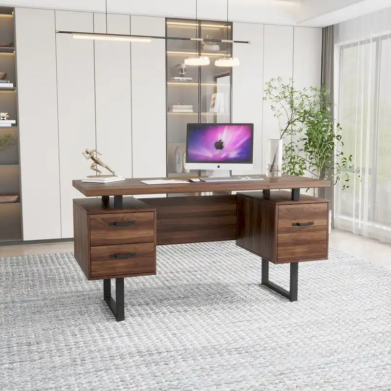 Walnut-Look Office Desk with File Drawer and Two Storage Drawers