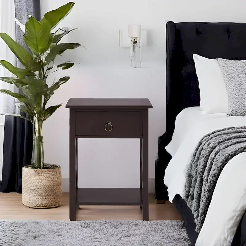 Wooden Nightstand with Drawer and Open Storage