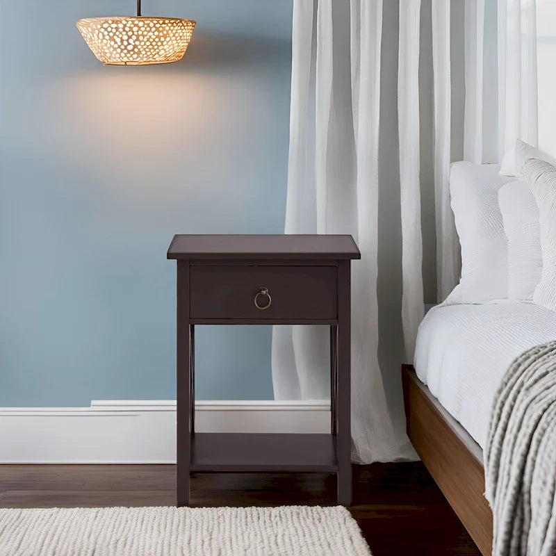 Wooden Nightstand with Drawer and Open Storage