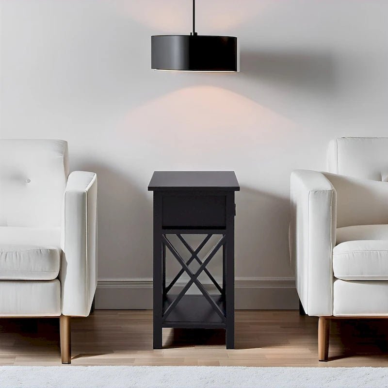 Wooden Nightstand with Drawer and Open Storage
