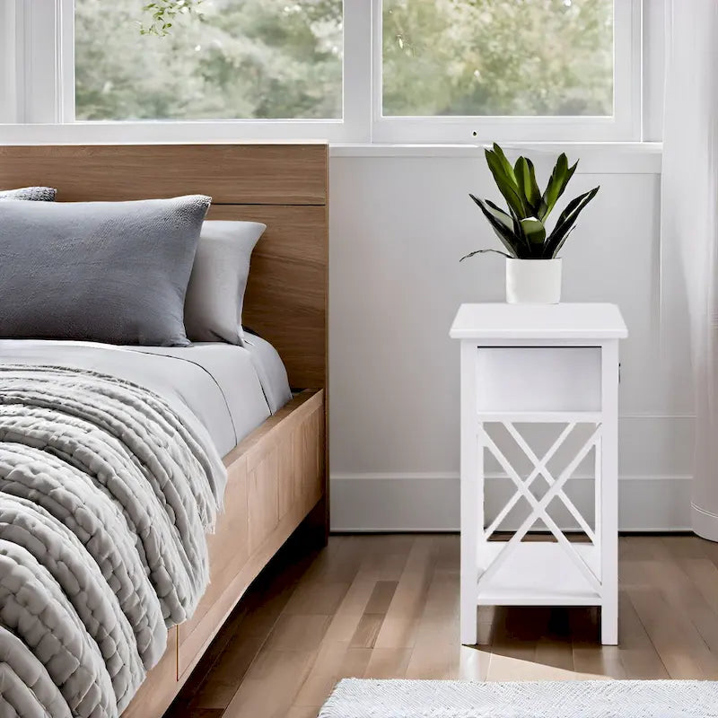 Wooden Nightstand with Drawer and Open Storage