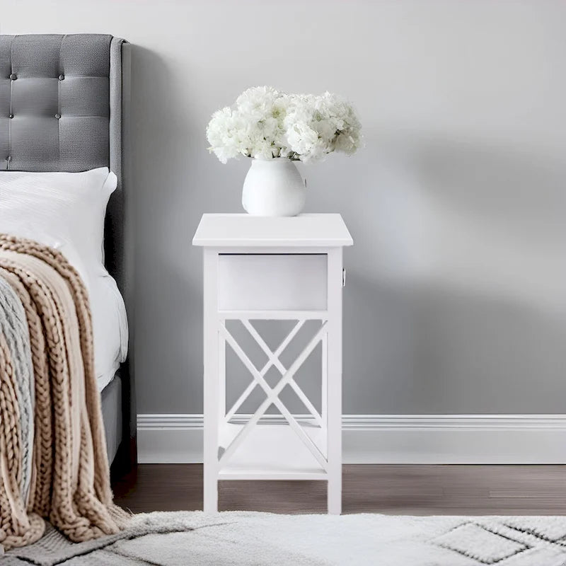 Wooden Nightstand with Drawer and Open Storage