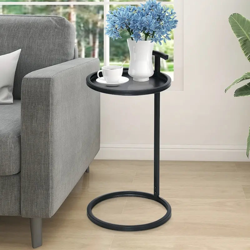 Round Metal C-Shaped Side Table with Carry Handle