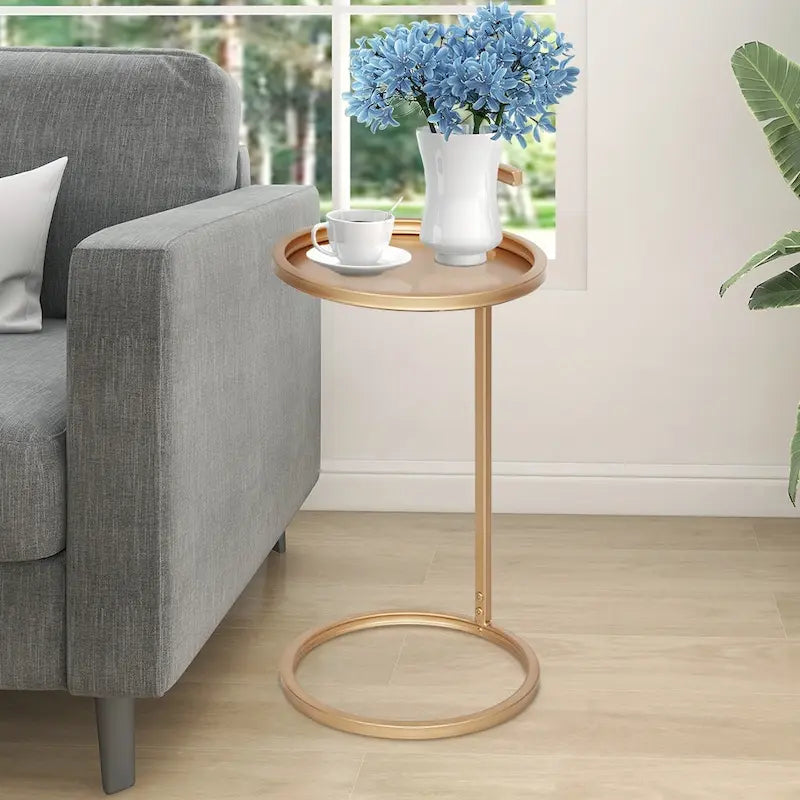 Round Metal C-Shaped Side Table with Carry Handle