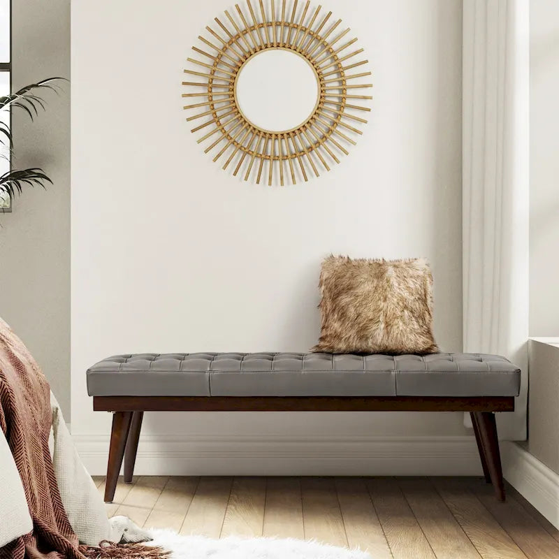 55.5-Inch Genuine Leather Tufted Bench with Solid Wood Base