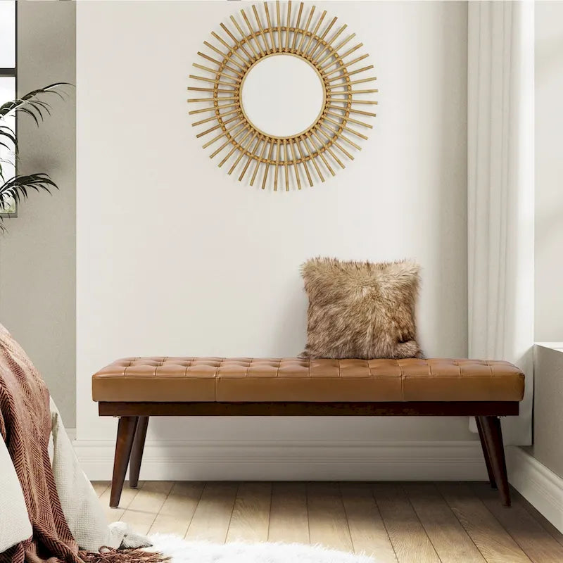 55.5-Inch Genuine Leather Tufted Bench with Solid Wood Base