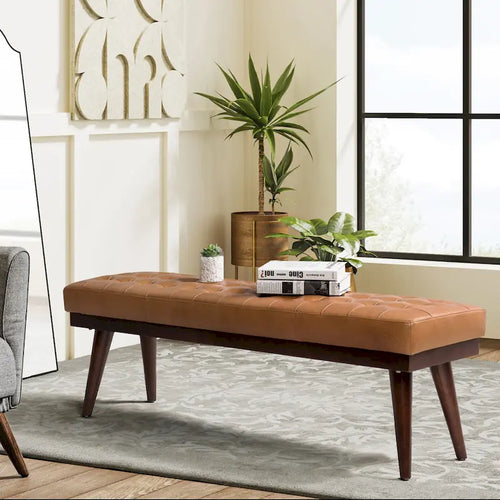 55.5-Inch Genuine Leather Tufted Bench with Solid Wood Base