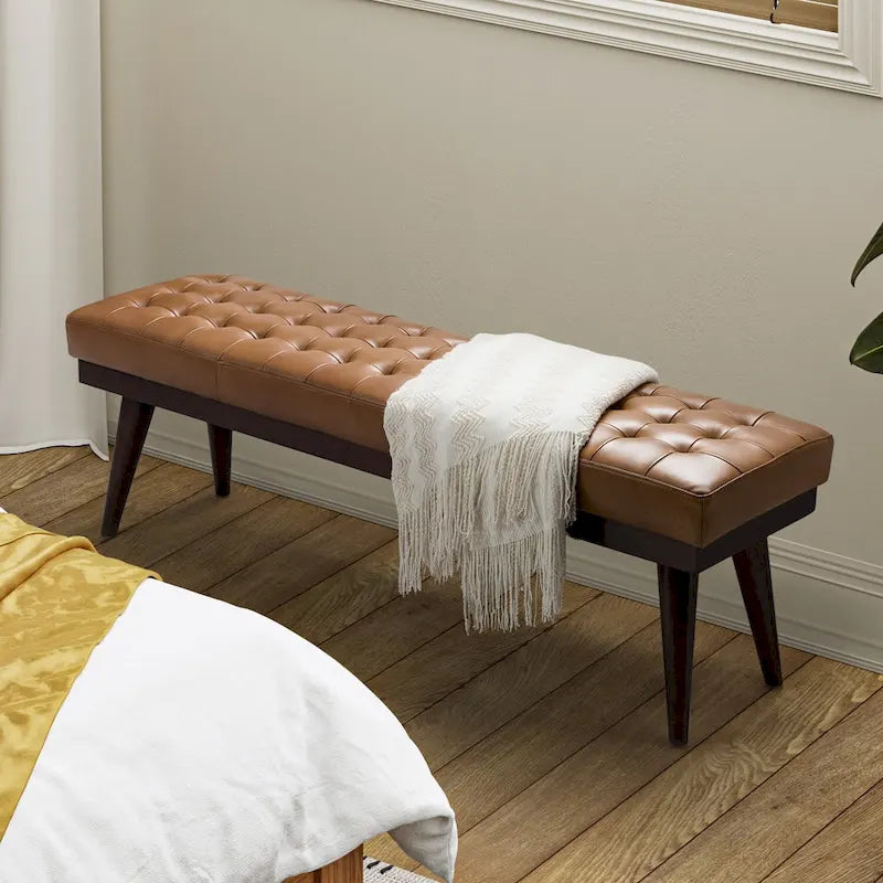 55.5-Inch Genuine Leather Tufted Bench with Solid Wood Base