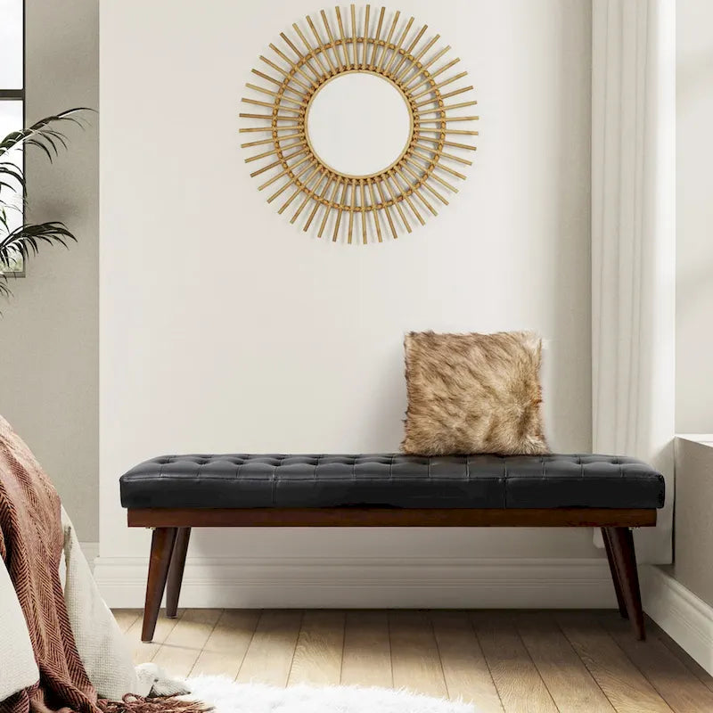 55.5-Inch Genuine Leather Tufted Bench with Solid Wood Base