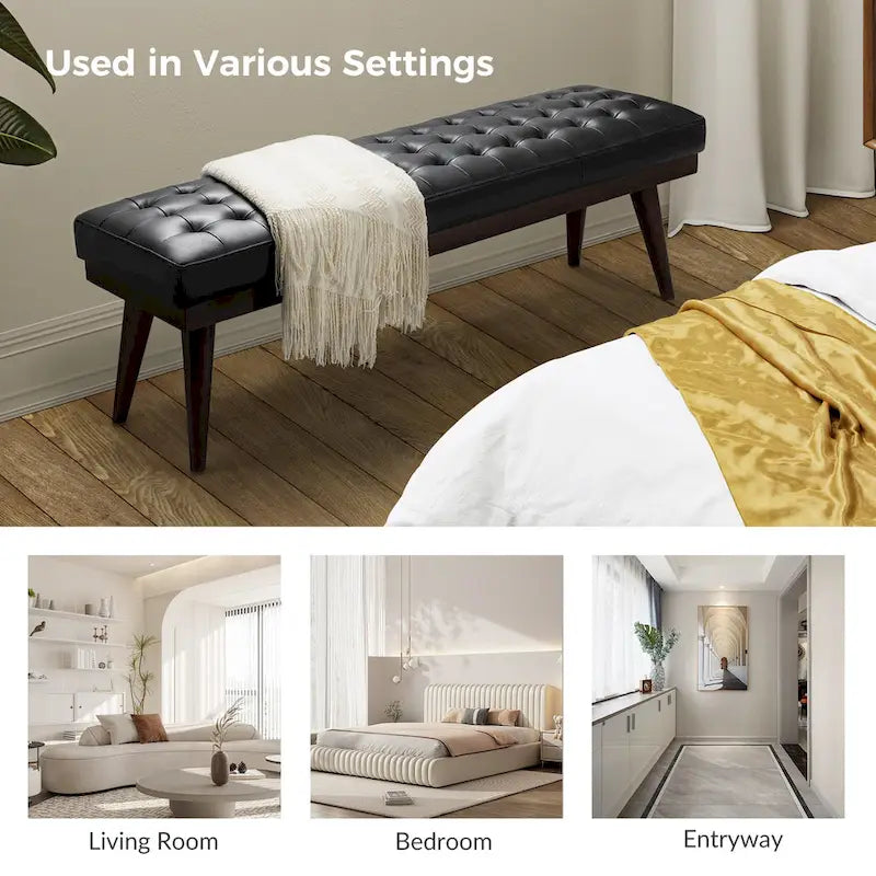 55.5-Inch Genuine Leather Tufted Bench with Solid Wood Base
