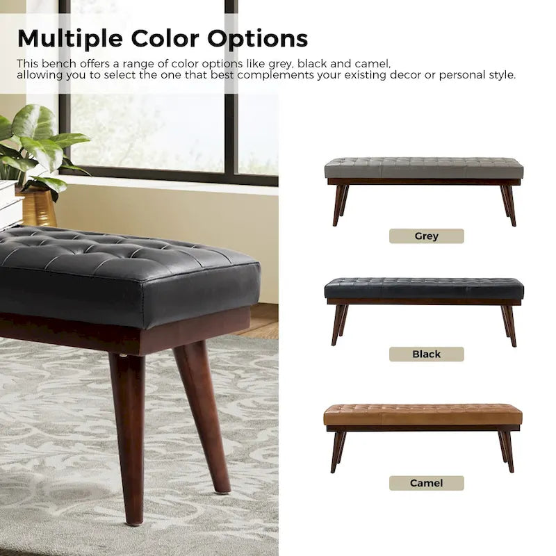 55.5-Inch Genuine Leather Tufted Bench with Solid Wood Base