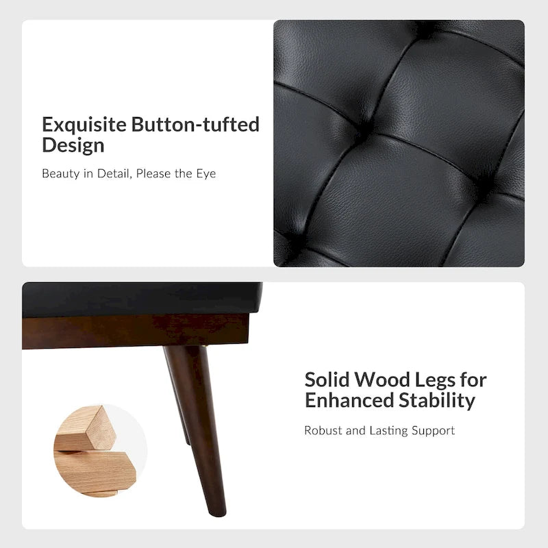 55.5-Inch Genuine Leather Tufted Bench with Solid Wood Base