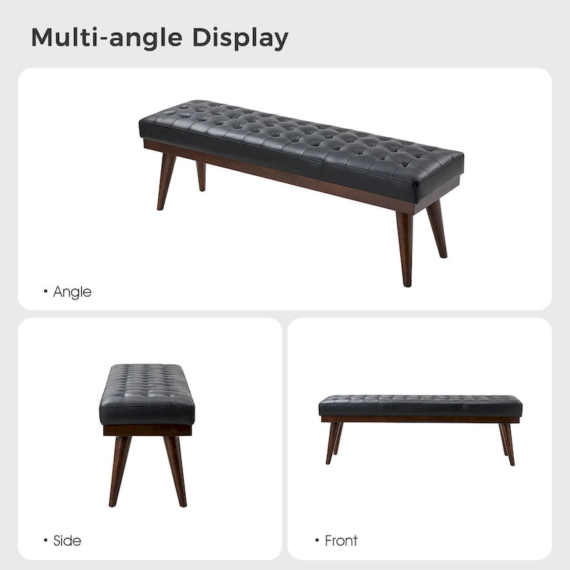 55.5-Inch Genuine Leather Tufted Bench with Solid Wood Base