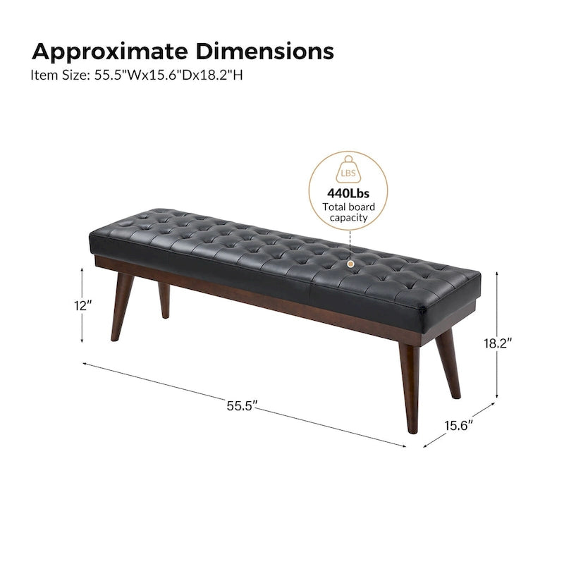 55.5-Inch Genuine Leather Tufted Bench with Solid Wood Base