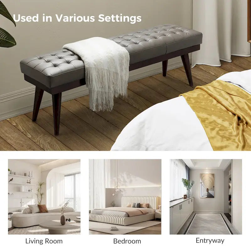 55.5-Inch Genuine Leather Tufted Bench with Solid Wood Base