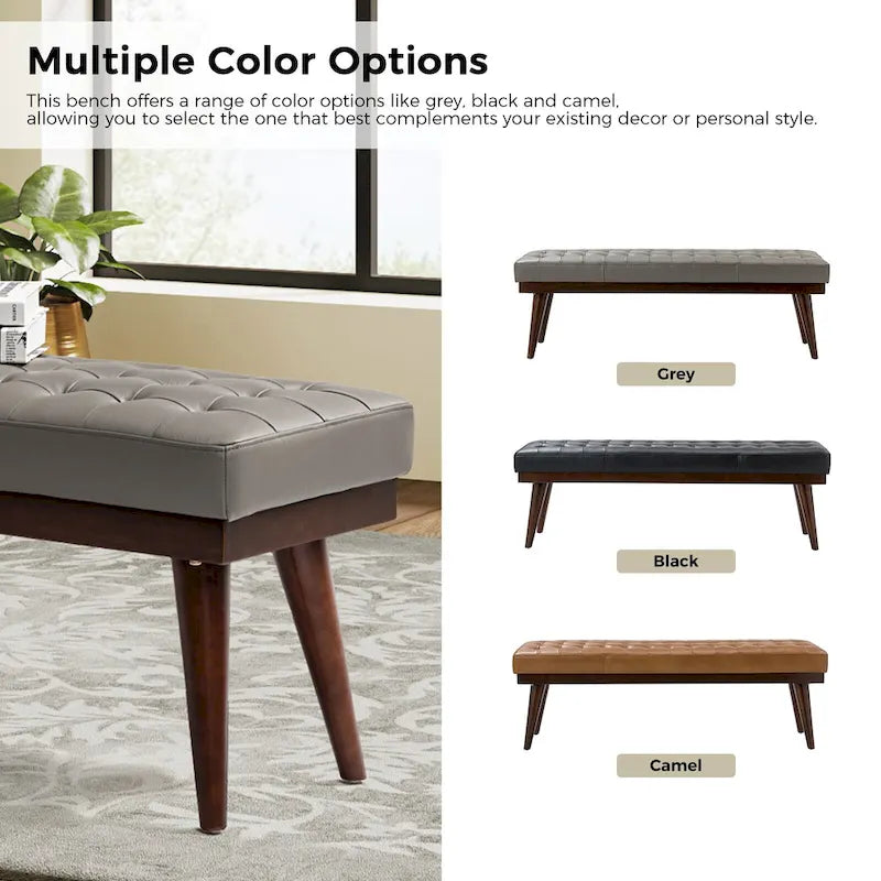 55.5-Inch Genuine Leather Tufted Bench with Solid Wood Base
