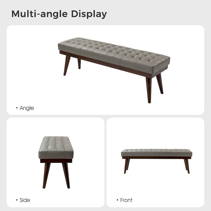 55.5-Inch Genuine Leather Tufted Bench with Solid Wood Base