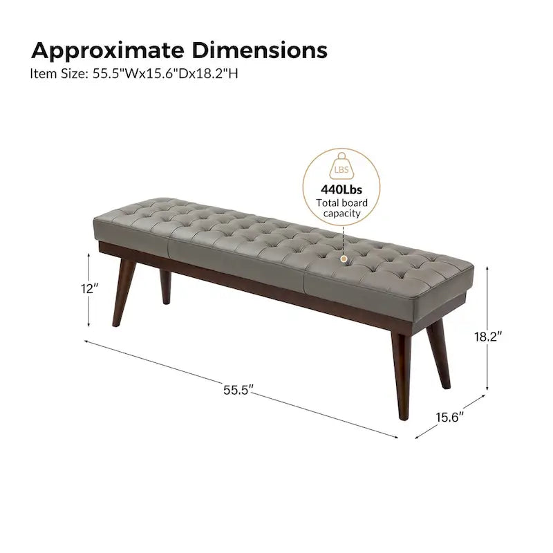 55.5-Inch Genuine Leather Tufted Bench with Solid Wood Base