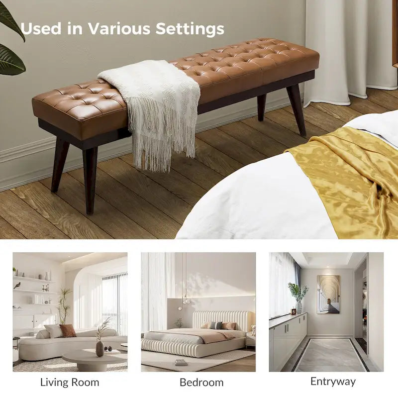 55.5-Inch Genuine Leather Tufted Bench with Solid Wood Base