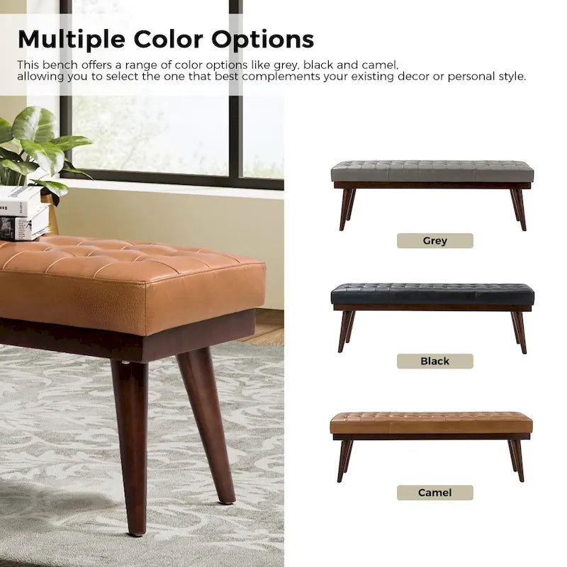 55.5-Inch Genuine Leather Tufted Bench with Solid Wood Base
