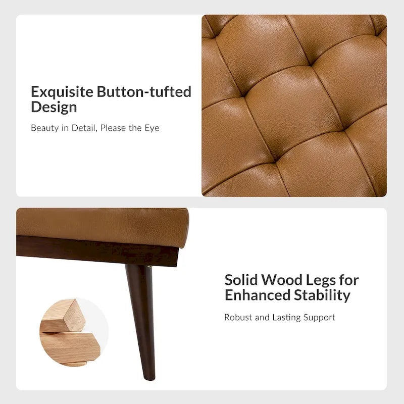 55.5-Inch Genuine Leather Tufted Bench with Solid Wood Base